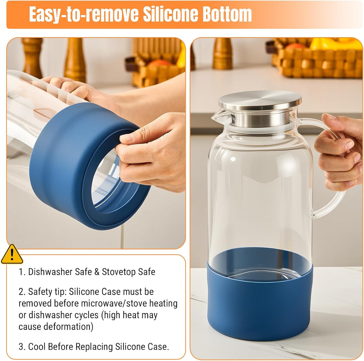 PARACITY Glass Pitcher with Lid, 61oz Water Jug Handle, Blue Silicone Base