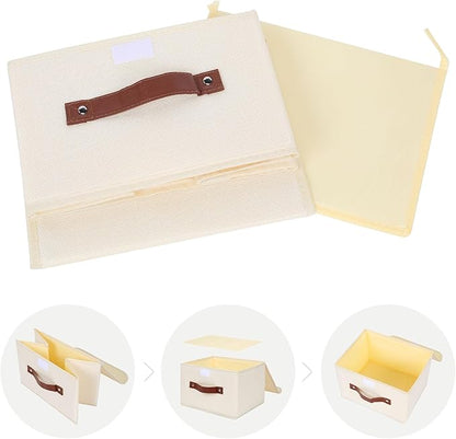 ANMINY 4PCS Storage Bins with Lid PU Leather Handles Storage Boxes PP Plastic Board Decorative Foldable Lidded Cotton Linen Fabric Home Cubes Baskets Closet Organizer Containers - Beige, Small Size