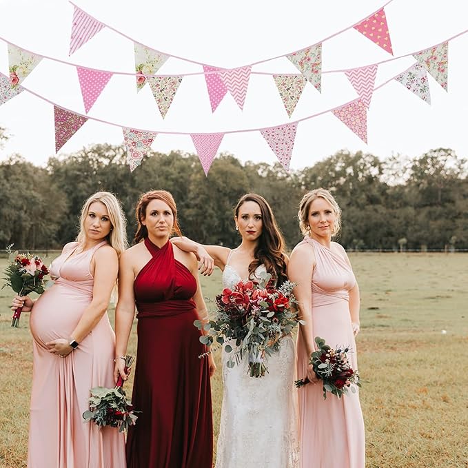 Zwiebeco 39Ft Pink Floral Fabric Bunting Banner Triangle Flag Party Decorations Hanging Cotton Rustic Vintage Flowers Garland Pennants for Wedding Birthday Tea Nursery Home Outdoor Garden Accessories
