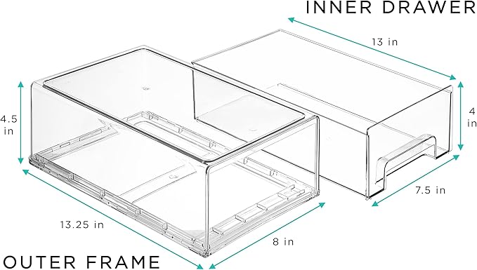 Sorbus Medium Clear Storage Drawers (2 Pack) – Stackable Organizer Drawers for Fridge, Pantry, Kitchen – Pull-Out Storage Bins with Handles, Slide Out Acrylic Drawers