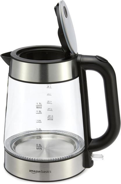Electric Kettle with Glass Carafe for Tea and Coffee, BPA-Free, Fast Boiling, Auto Shut-Off, 1.8 Quarts, 1500W, Black and Silver