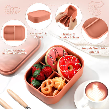 Honeydak 4 Pcs Silicone Bento Lunch Box 3 Compartment Reusable Leakproof Silicone Bento Lunch Container for Adults Microwave Dishwasher Freezer Safe(Orange)
