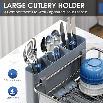 Stainless Steel Dish Drying Rack - Large Capcity 304 Grade Dish Drainer for Kitchen Counter with Drain Board, Utensil Holder & Detachable Cup Shelf, Rustproof Multifunctional Organizer