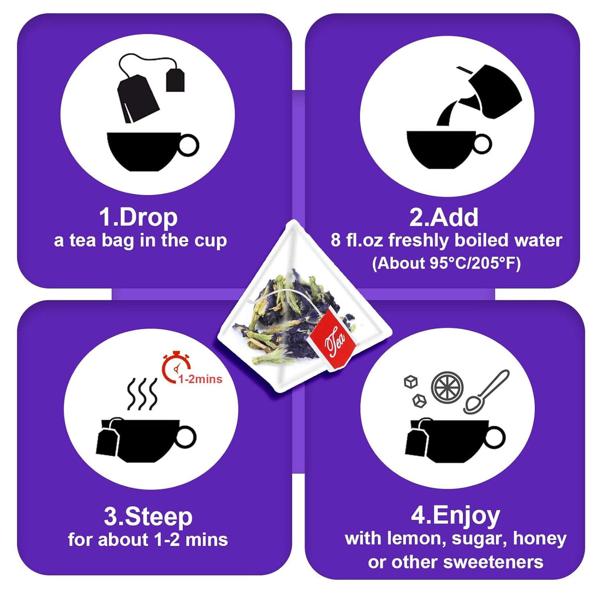 Tearelae - Butterfly Pea Flower Tea - 50 Count Butterfly Pea Flower Tea Bags - Natural Coloring for Food, Baking, Iced Tea - Caffeine-Free, Non-GMO