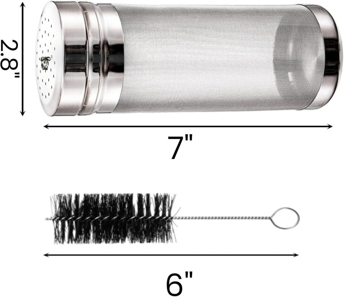 2 Pack Beer Dry Hopper Filters, 2.8 x 7 inch 300 Micron Mesh Hop Strainer with Lid, Stainless Steel Beer Hop Spider with Nylon Bristles