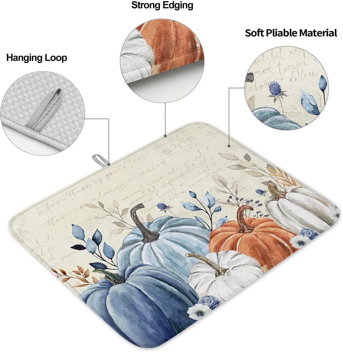 Fall Dish Drying Mat for Kitchen Counter Blue Pumpkin Drying Pad Absorbent Drying Mats for Countertops Sinks Draining Racks Floral Leaves Drainer
