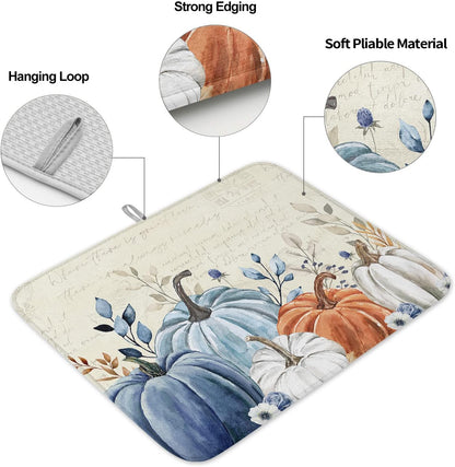 Fall Dish Drying Mat for Kitchen Counter Blue Pumpkin Drying Pad Absorbent Drying Mats for Countertops Sinks Draining Racks Floral Leaves Drainer