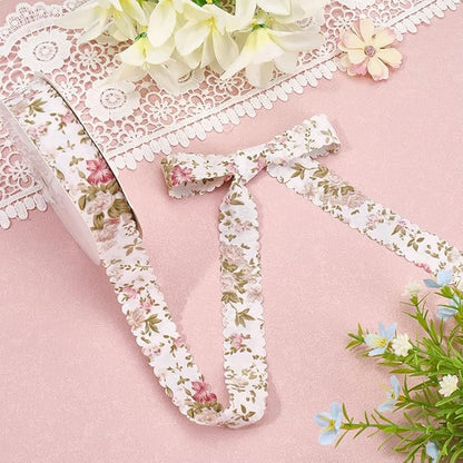 20 Yards Flower Print Ribbon White Spring Summer Floral Pattern Polyester Ribbon Vintage Wavy Edge Ribbons Bulk with Spool for Sewing Making Craft Bouquet Home Decor Wedding DIY Christmas