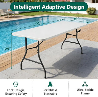 6FT Folding Table 2 Pack, Heavy Duty Plastic Table with Handel, 400 lbs Portable Table, Reinforced Steel Legs, Fold-in-Half Table Ideal for Parties, Picnics, Weddings, Camping White