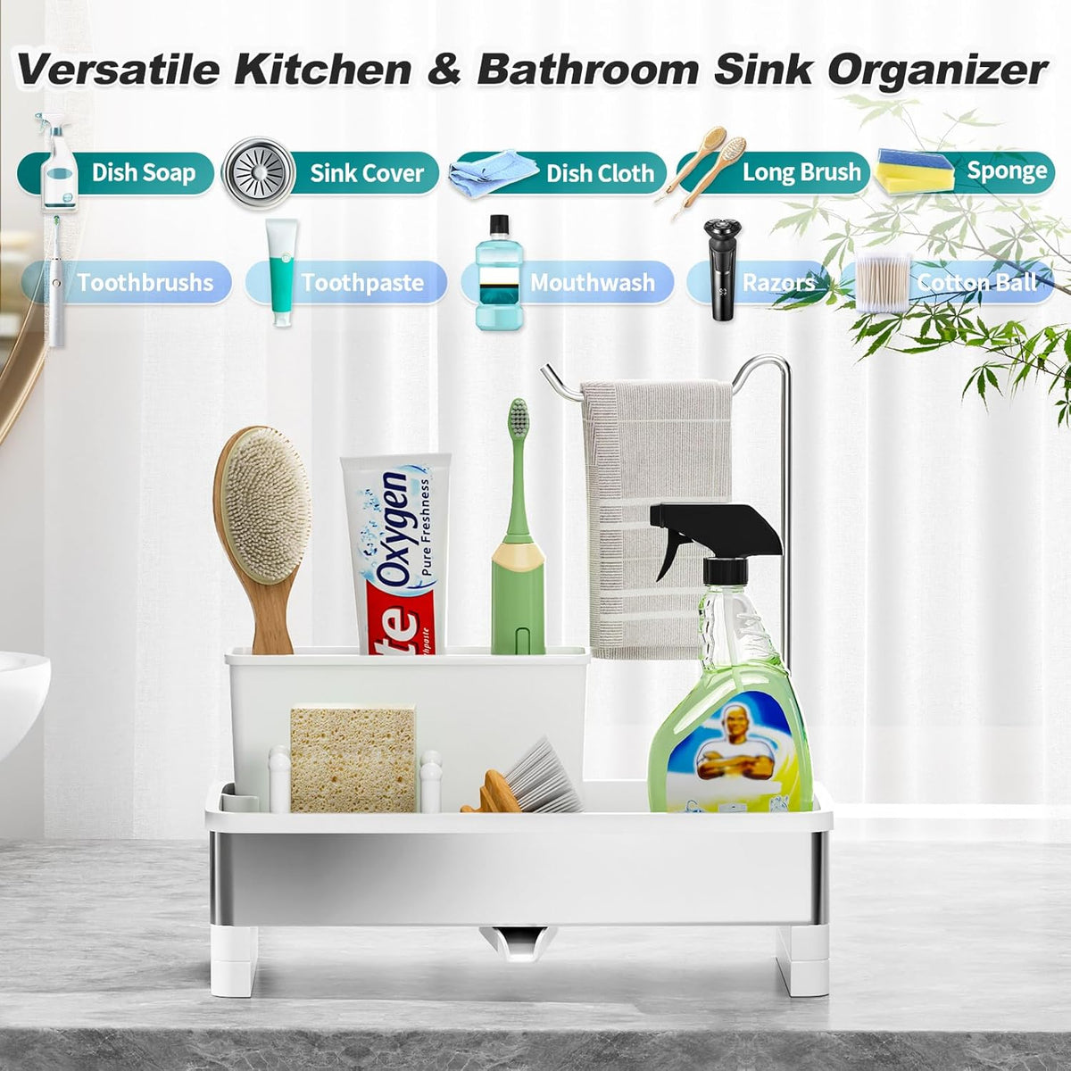 Stainless Steel Sink Caddy, Sponge Holder for Kitchen Sink with Brush Holder & Dishcloth Rack, Rustproof Sink Organizer Countertop, Kitchen Organizers Storage Essentials (E-White)