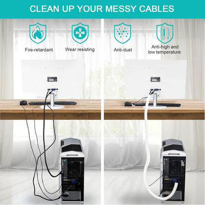 20ft - 1/2 inch White Cable Sleeve, Cable Organizer for Desk PC TV Computer, Wire Protector Cable Wrap Cover, Cord Management for Home Office