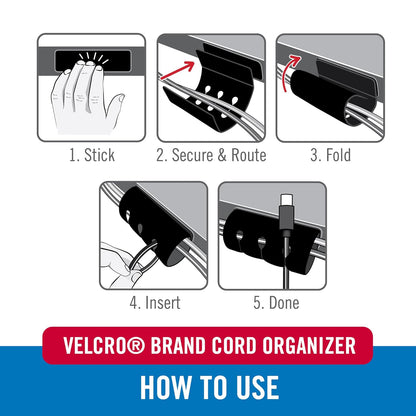VELCRO Brand Cord Organizer for Desk & Nightstand, 5 Cable Slots with Sleeve Routing, Adhesive Wire Holder for Cord Management, Home, Workshop, Gaming & Office Essentials, Black 2 Pack