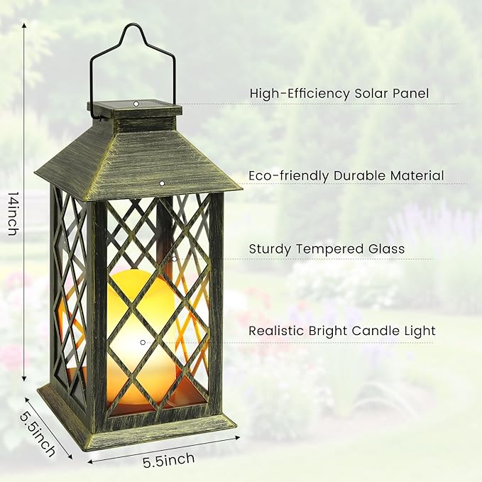 Solar Lantern Outdoor, 2 Pack 14" Waterproof Outdoor Garden Hanging Lanterns ,Flickering Dancing Flame Candle Mission Lights for Outdoor Mothers Day Gifts and Christmas
