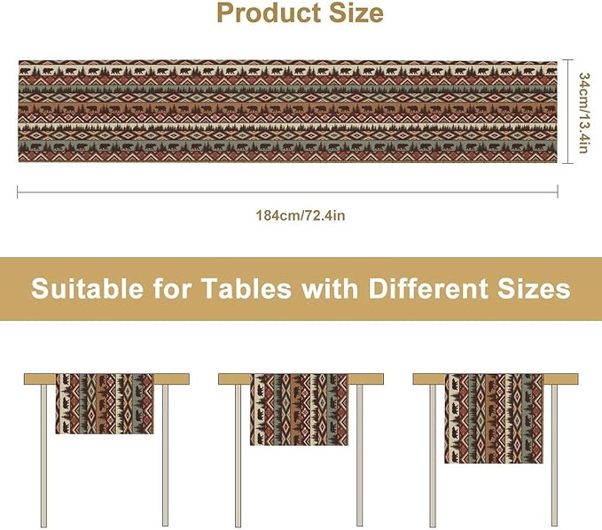 Rustic Bear Table Runner, Cabin Wild Animal Deer Moose Pine Tree Aztec Native Western Farmhouse Hunting Camping Table Runner for Kitchen Dining Home Party 13x36in