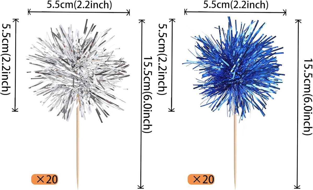 40 PCS Foil Firework Cupcake Toppers Sparkle Tinsel Cupcake Picks Fireworks Birthday Party Decorations Cocktail Fruit Toothpick for Birthday Wedding Graduation Party Decorations Supplies Silver Blue