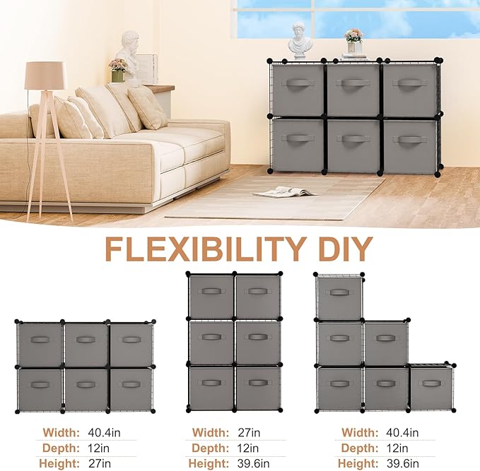 Leinuosen 6 Cube Storage Organizer with Fabric Bins, Wire Grid Stackable Shelves, Modular Storage Units for Bedroom Living Room Office Toys Book Craft(Black,Gray)