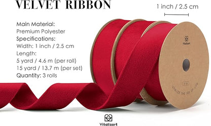 Vitalizart Red Velvet Ribbon Set 1 Inch Double Faced Burgundy Ribbon for Christmas Ornaments Gift Wrapping 15 Yards Wreath Decoration Bows Making Holiday Crafts