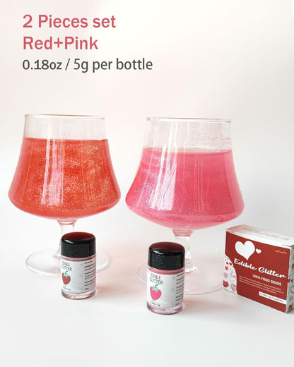 Red Pink Edible Glitter Glimmer Powder for Cakes Drinks - Valentine's Colaele 5 grams Food Grade Luster Dust Metallic Food Decorating Sprinkle Disco