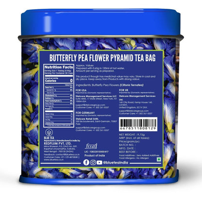 BLUE TEA - Butterfly Pea Flower Tea - 30 Count - Pyramid Plant Based Tea Bag | ANTIOXIDANT RICH | Caffeine Free - Detox Tea - Flower Based - Herbal Tea - Non-GMO | Tin Pack