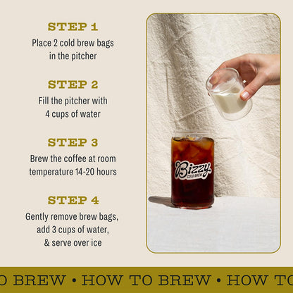 Bizzy Organic Cold Brew Coffee | Light & Bright Blend | Coarse Ground Coffee | Light Roast | Micro Sifted | Specialty Grade | 100% Arabica | Brew Bags | 4 Count | Makes 14 Cups