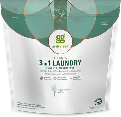 Grab Green 3-in-1 Laundry Detergent Pods, 132 Count, Vetiver Scent, Plant and Mineral Based, Superior Cleaning Power, Stain Remover, Brightens Clothes