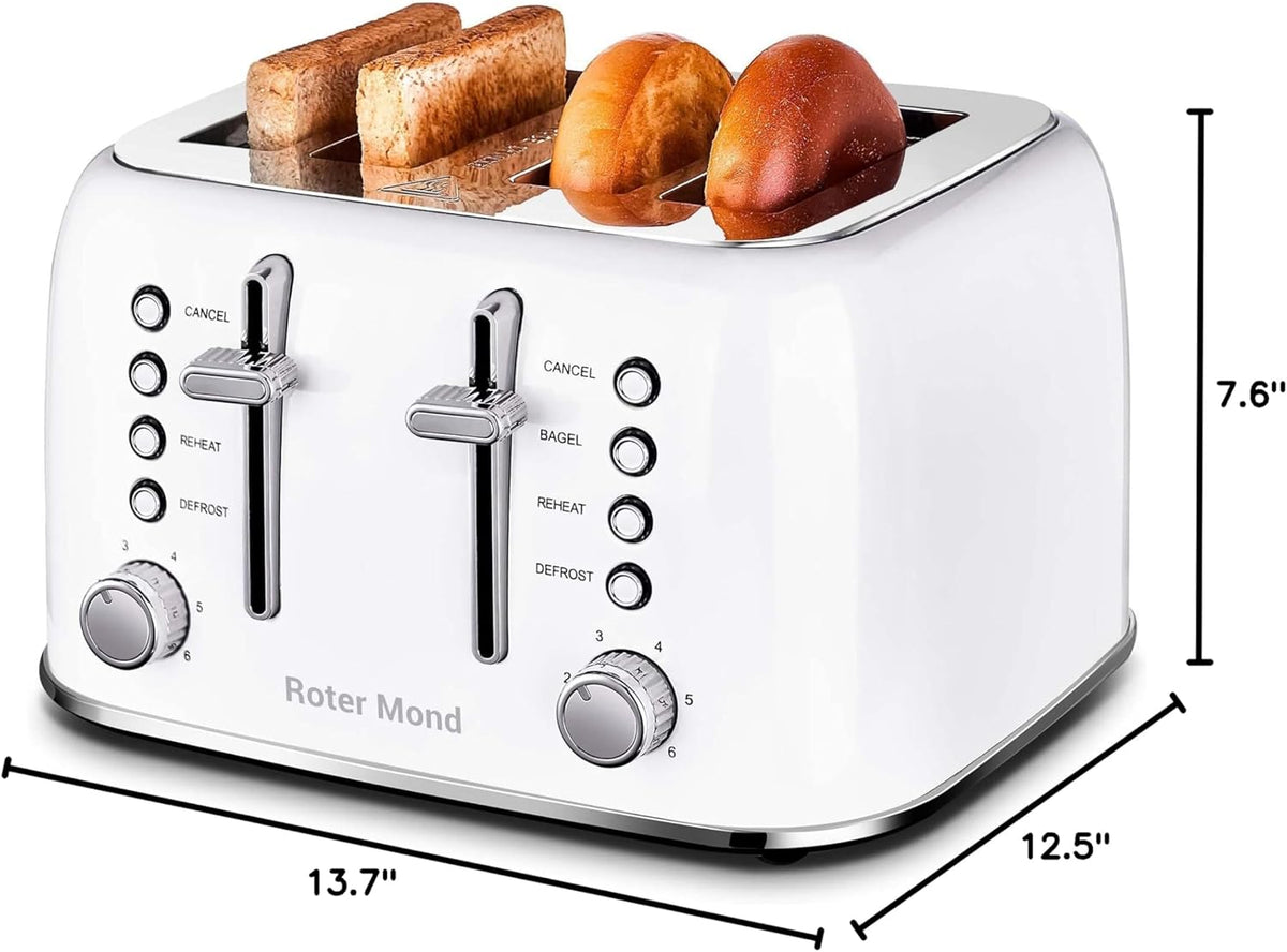 Toaster 4 Slice Retro Stainless Steel with Extra Wide Slots Bagel, Defrost, Reheat Function, Dual Independent Control Panel, Removable Crumb Tray, 6 Browning Levels, White