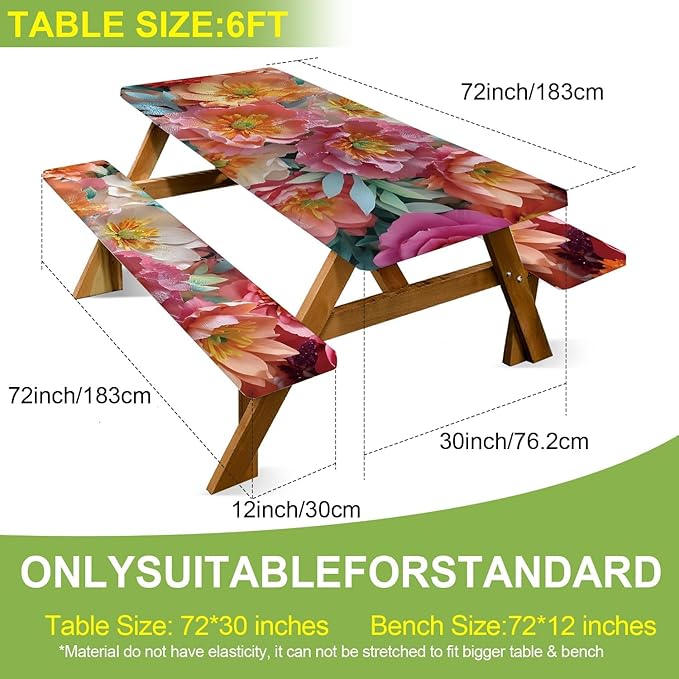ANNA QUEEN 6FT Red Flowers Spring Picnic Table Cover with Bench Covers Picnic Table Cover Set 3PCS 72"x30", Outdoor Bench and Tablecloth Furniture Protection