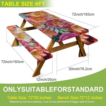 ANNA QUEEN 6FT Red Flowers Spring Picnic Table Cover with Bench Covers Picnic Table Cover Set 3PCS 72"x30", Outdoor Bench and Tablecloth Furniture Protection