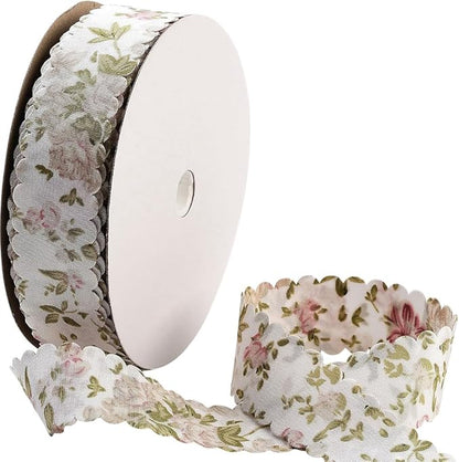 20 Yards Flower Print Ribbon White Spring Summer Floral Pattern Polyester Ribbon Vintage Wavy Edge Ribbons Bulk with Spool for Sewing Making Craft Bouquet Home Decor Wedding DIY Christmas