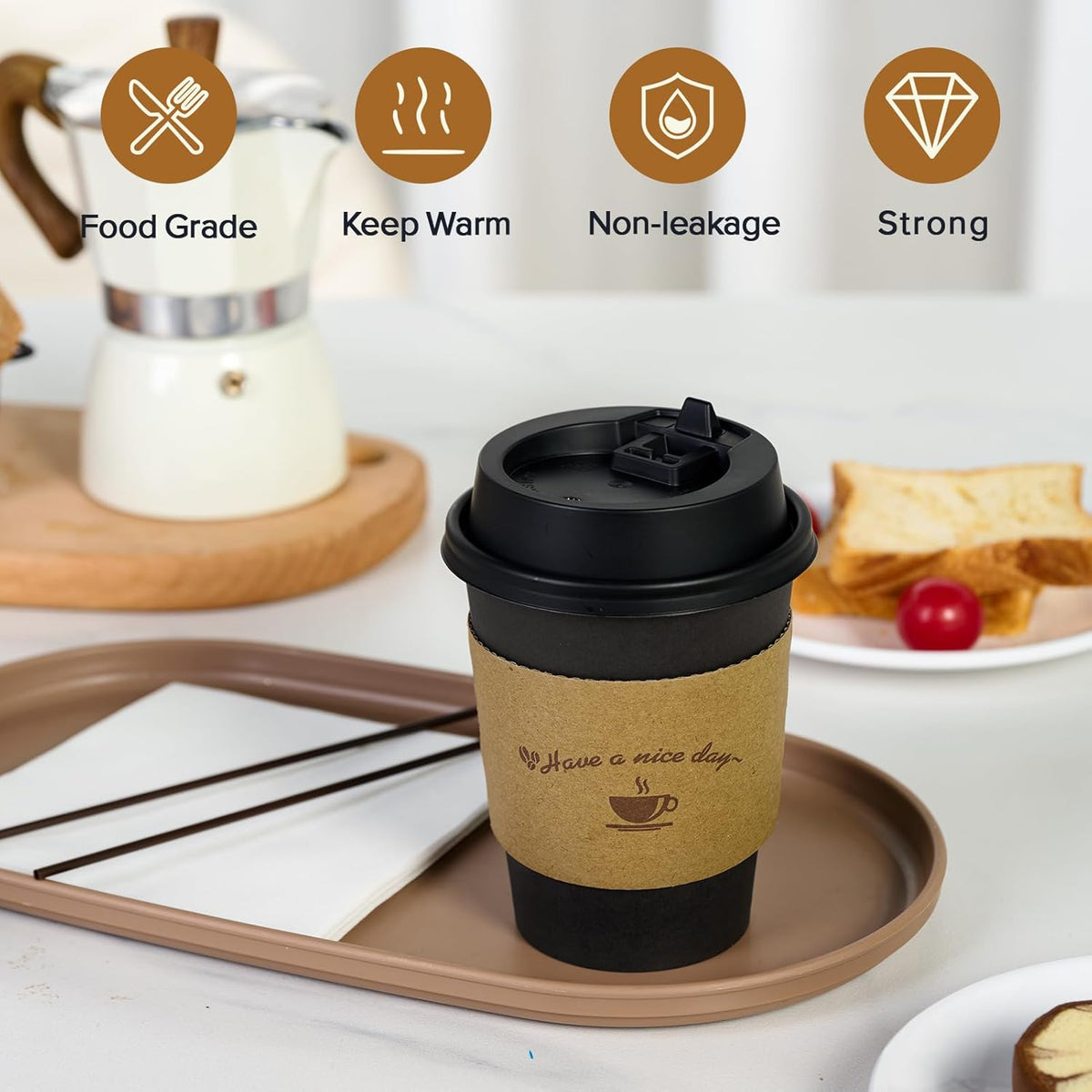 Litopak 500 Pack 12 oz Disposable Coffee Cup with Lids, Sleeves, and Stirring Sticks, Black To Go Paper Coffee Cups for Home, Travel, Office, Party