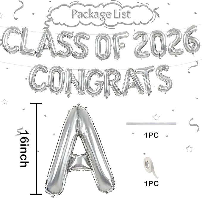 Silver Class of 2026 Congrats Balloons, 2026 Graduation Decorations 16inch Congrats Grad Foil Balloons Banner Sign for Class of 2026 College High School Graduation Prom Party Backdrop Supplies