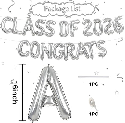 Silver Class of 2026 Congrats Balloons, 2026 Graduation Decorations 16inch Congrats Grad Foil Balloons Banner Sign for Class of 2026 College High School Graduation Prom Party Backdrop Supplies