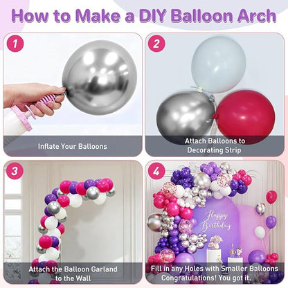 Hot Pink Purple White Silver Balloon Garland Arch Kit, 167Pcs Latex Balloons Different Sizes 18 12 10 5 inch for Women Princess Girl Birthday Bridal Baby Shower Party Decoration