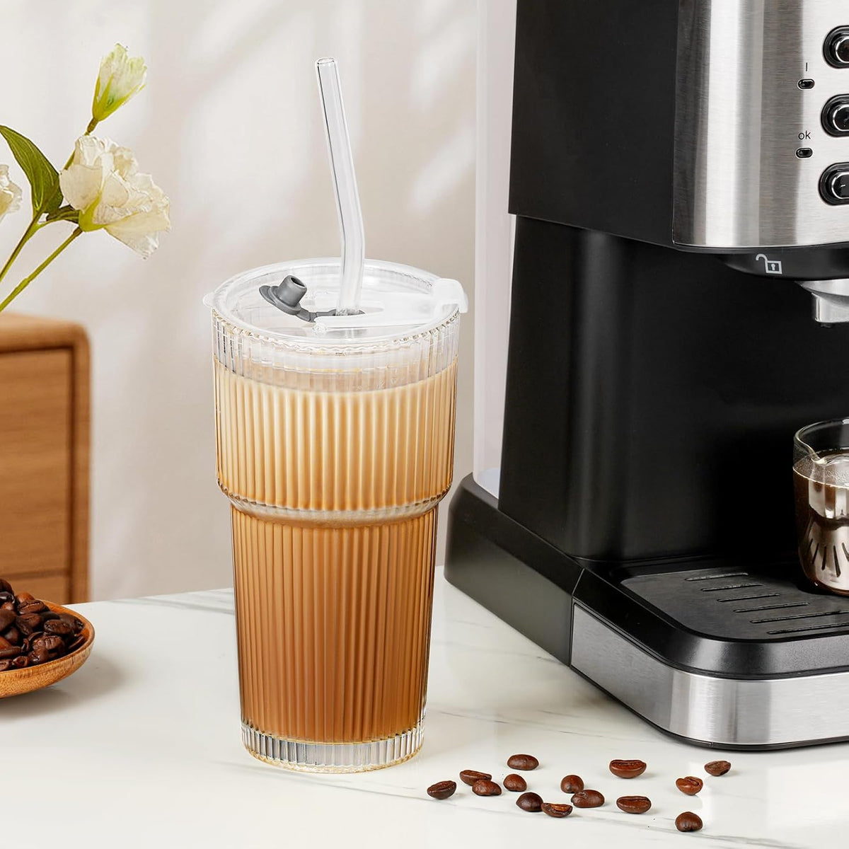 2 Pack 20 Oz Glass Cups with Lids and Straws Iced Coffee Cups Vintage Ribbed Glassware for Beer Ice Coffee Fruit Juice Elegant Aesthetic Cup Glass