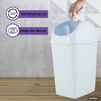 Superio Kitchen Trash Can with Swing Top Lid 9 Gallon Slim Waste Bin 37 Qt Sturdy Plastic Garbage Can Medium Recycling Bin for Office, Bathroom, Under Counter, Dorm, Bedroom (White-2 Pack)
