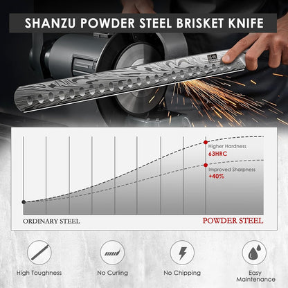 Shan ZU Brisket Knife in Powder Steel, 12 Inch Carving Knife for Meat Cutting, Turkey and BBQ, Slicing Knives with Ergonomic Pakkawood Handle