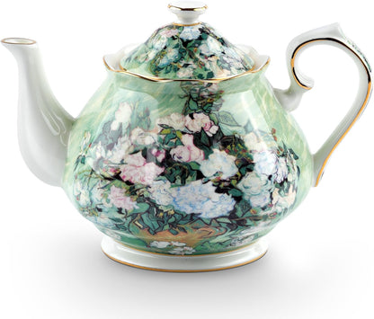Teapot 30 oz Van Gogh Paintings Bone China Loose Tea Pot Floral Design Vintage Ceramic Coffee Water Pot European Style Porcelain (White Rose)