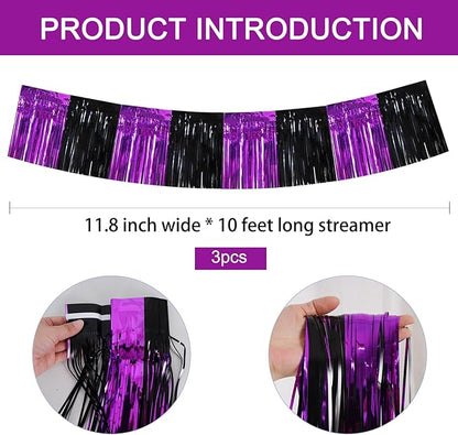 BEISHIDA 3 Packs Metallic Foil Fringe Garland Black Purple Wall Hanging Tinsel Fringe Banners for Halloween Car Floats Bridal Shower Wedding Birthday Easter Graduation Holiday Party Decoration (30 Ft)