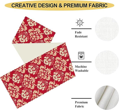 Damask Table Runner, Rustic Gothic Red Baroque Style Floral Boho Flower Antique Vintage Retro Coffee Table Center Decor for Kitchen and Dining Outdoor Home Country Party Table Decorations, 13"x90"