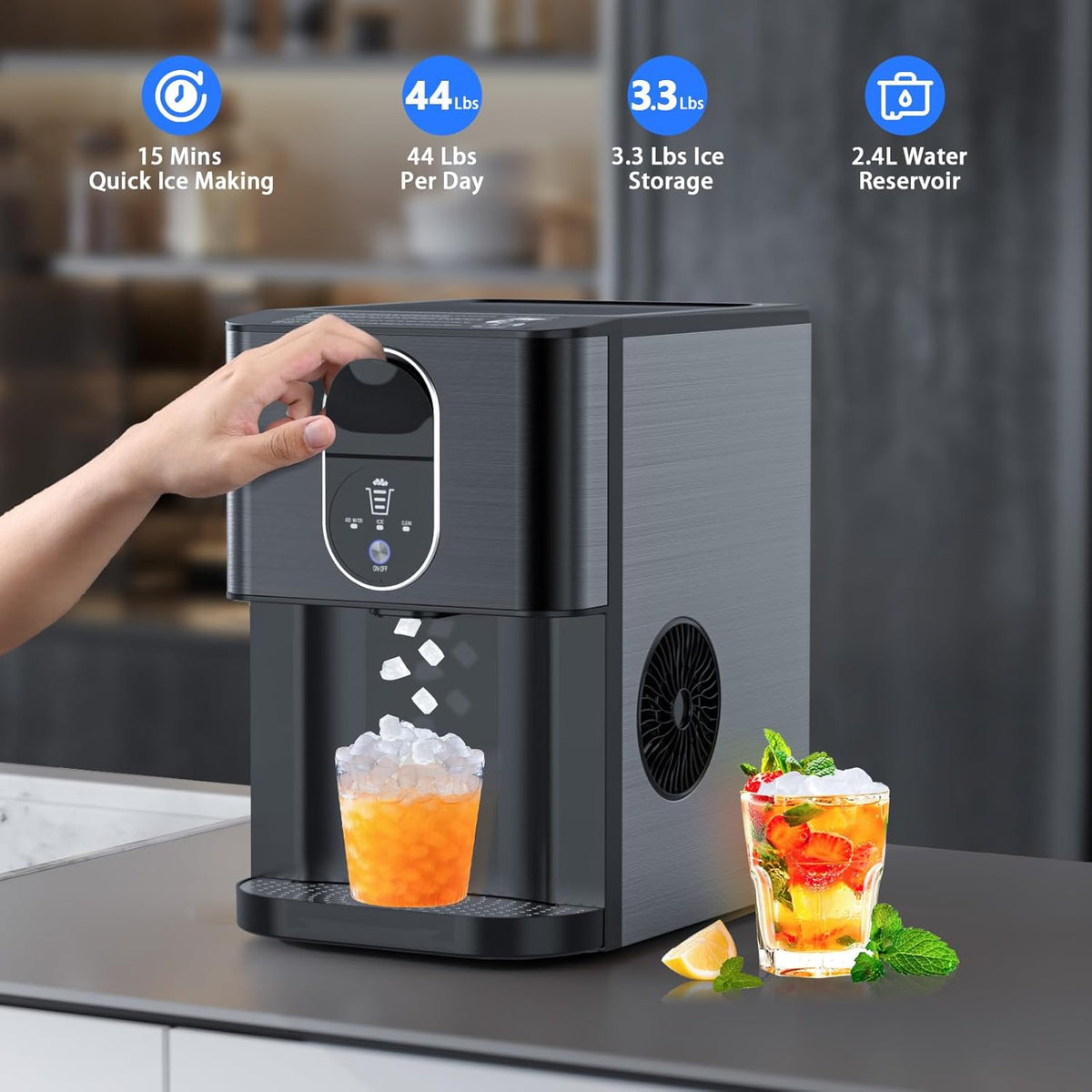 Nugget Ice Makers Countertop, Pebble Ice Maker Machine with Dispenser 44lbs/24H, Soft Chewable Pellet Ice Machine, 3.3lbs Ice Storage, Self-Cleaning Ice Maker for Home/Kitchen/Party/Office, Black