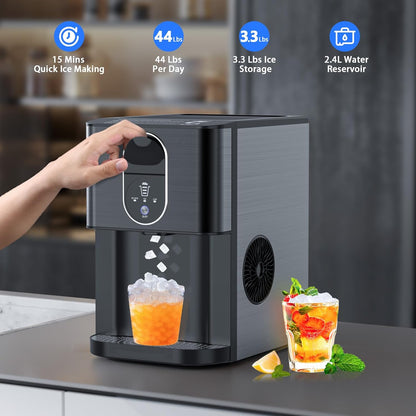 Nugget Ice Makers Countertop, Pebble Ice Maker Machine with Dispenser 44lbs/24H, Soft Chewable Pellet Ice Machine, 3.3lbs Ice Storage, Self-Cleaning Ice Maker for Home/Kitchen/Party/Office, Black
