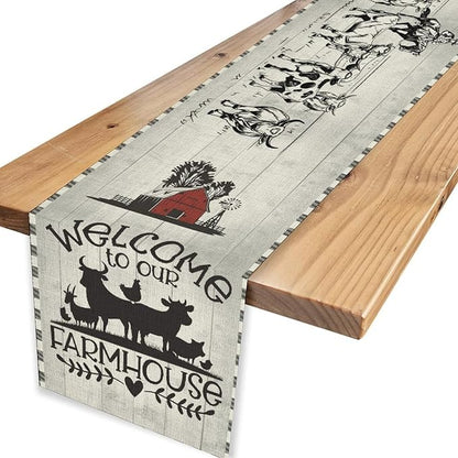 Farmhouse Cow Table Runner, Rustic Rooster Sheep Black White Plaid Animals Farm Coffee Table Center Decor for Home Kitchen Dining Patio Holiday Party Indoor Outdoor Table Decorations, 13"x90"
