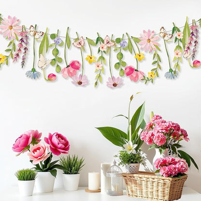 Butterfly Banner Wildflower Party Decorations Paper Flower Leaves Banner Butterfly Garland for Wall Decoration Spring Baby Shower Wedding Backdrop Decorations