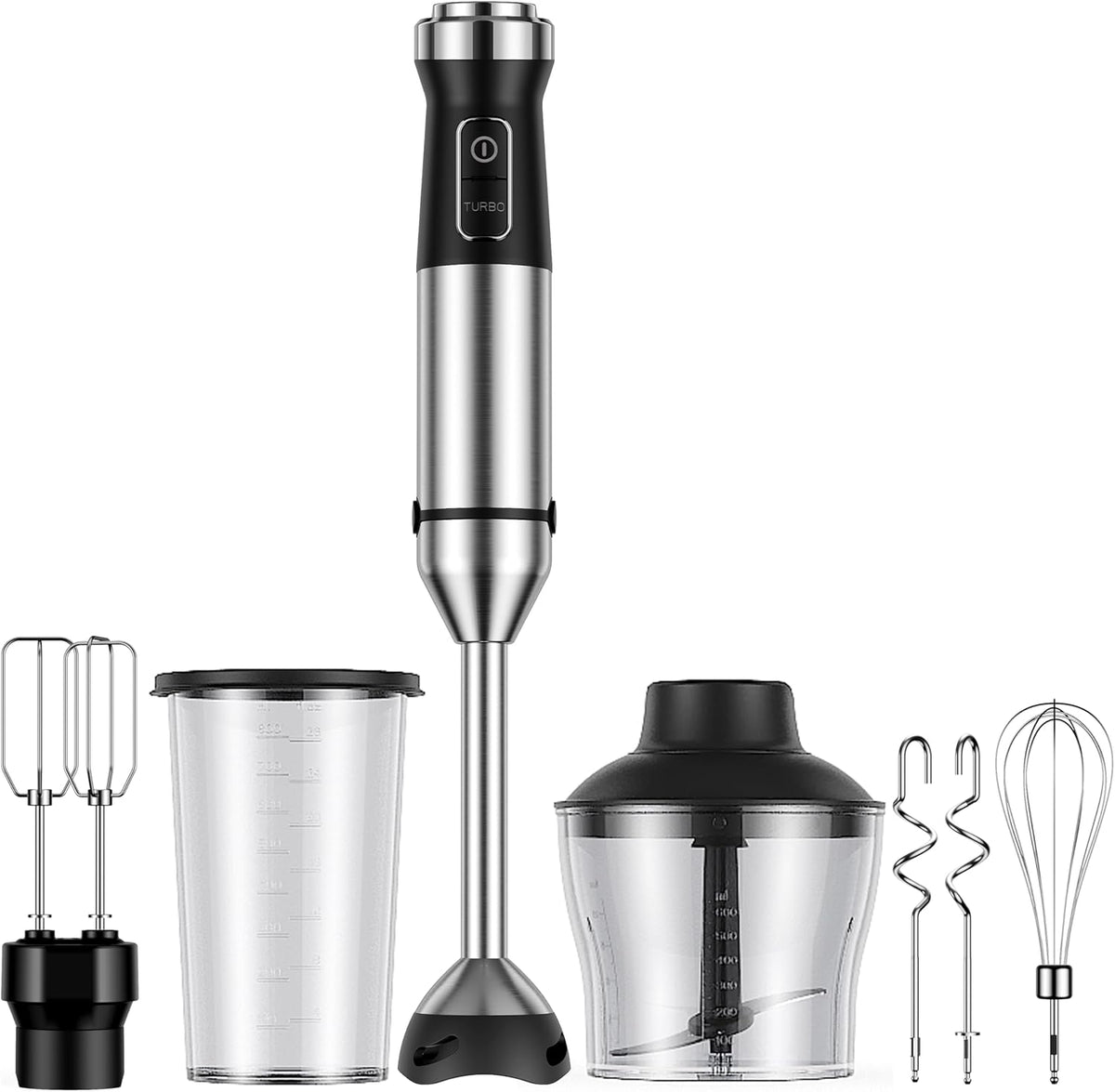 6-in-1 Immersion Blender, 1000W Hand Blender with 20 Speeds, Scratch-Resistant Stick Mixer with Whisk, Chopper, Beaker, Egg Beaters & Dough Hooks