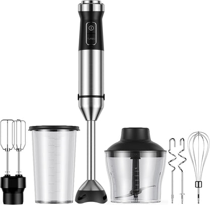 6-in-1 Immersion Blender, 1000W Hand Blender with 20 Speeds, Scratch-Resistant Stick Mixer with Whisk, Chopper, Beaker, Egg Beaters & Dough Hooks