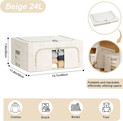 Amiya Clothes Storage Bins with Metal Frame,3-Pack Foldable Linen Fabric Storage Box with Lids, Stackable Organization and Storage Bins with Clear Window,Zippers,Handles(Beige,24L)