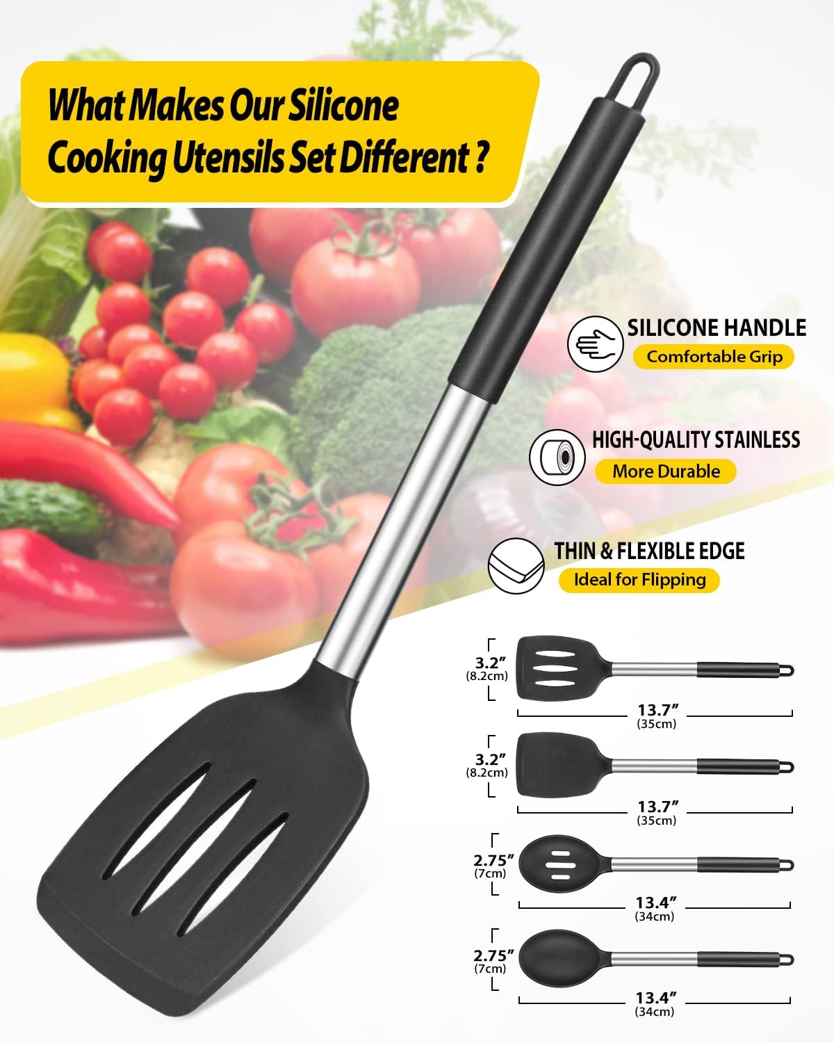 Pack of 4 Silicone Cooking Utensils Set, Non Stick Large Solid Spatulas, Heat Resistant Black Slotted Spoons