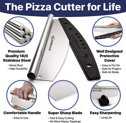 14" Pizza Making Kit (Set of 2) - 14" Pizza Cutter Rocker Knife with Blade Cover + 13" Perforated Stainless Steel Pizza Peel with Folding Handle