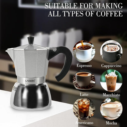 Stovetop Espresso Maker, 6Cup Moka Pot, Espresso Machine Compatible with Induction Cooktops, 300ml Stainless Steel & Aluminum Cuban Coffee Maker for Cafetera Cubana, Silver