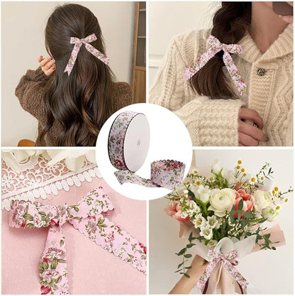 20 Yards Pink Floral Print Ribbon Vintage Flower Pattern Ribbon Spring Polyester Wavy Edge Fabric Ribbons with Spool for Sewing Making Craft Wedding Party Birthday Gift Wrapping Christmas